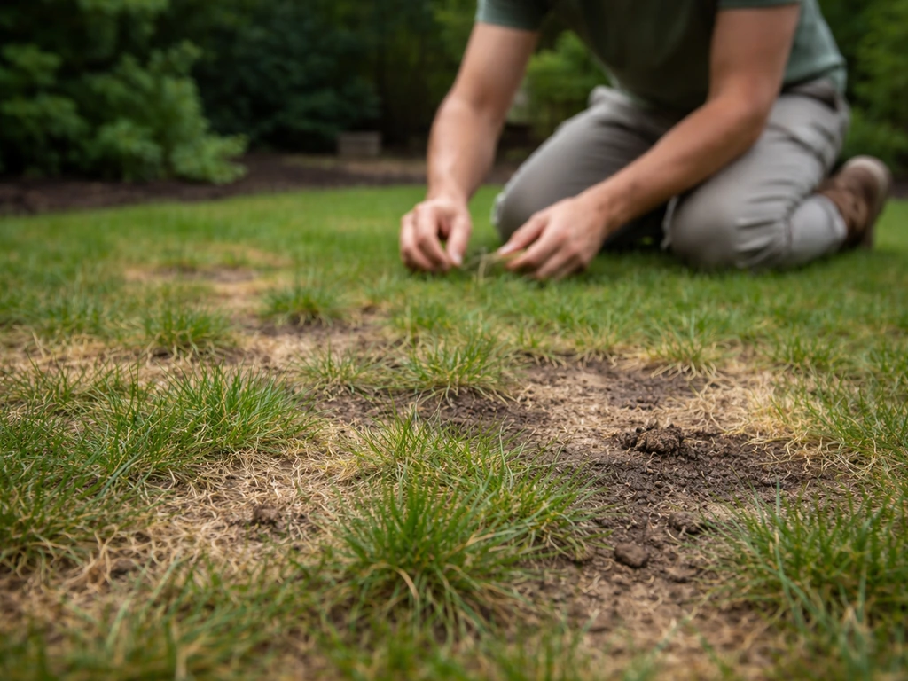 Close-up van beschadigde plekken in een gazon terwijl een anonieme tuinier knielt en het gras inspecteert.