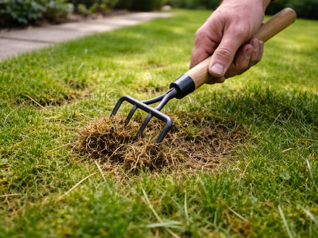 Close-up van een tuinier die met een hark mos en losse grasresten van het gazon verwijdert.