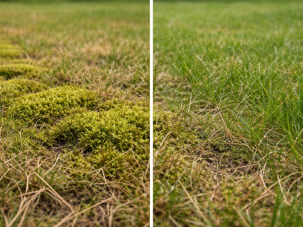 Close-up van mosplekken tussen het gras, met een duidelijke blik op het gazon eromheen in natuurlijk licht.