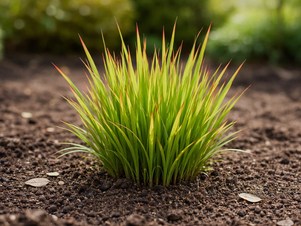 Close-up van Imperata gras in een tuin, met polgroei en lichtrode verkleurende bladranden.