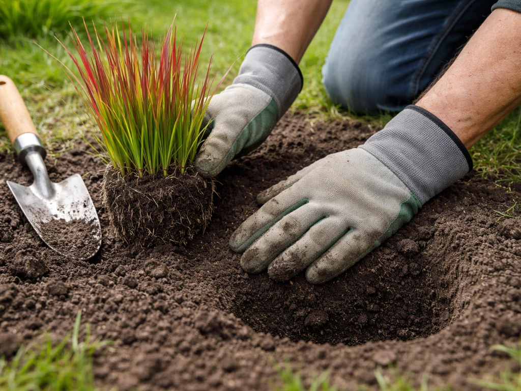 Handen tillen een pol gras uit de grond, planten terug in een plantgat en vullen aan met aarde.