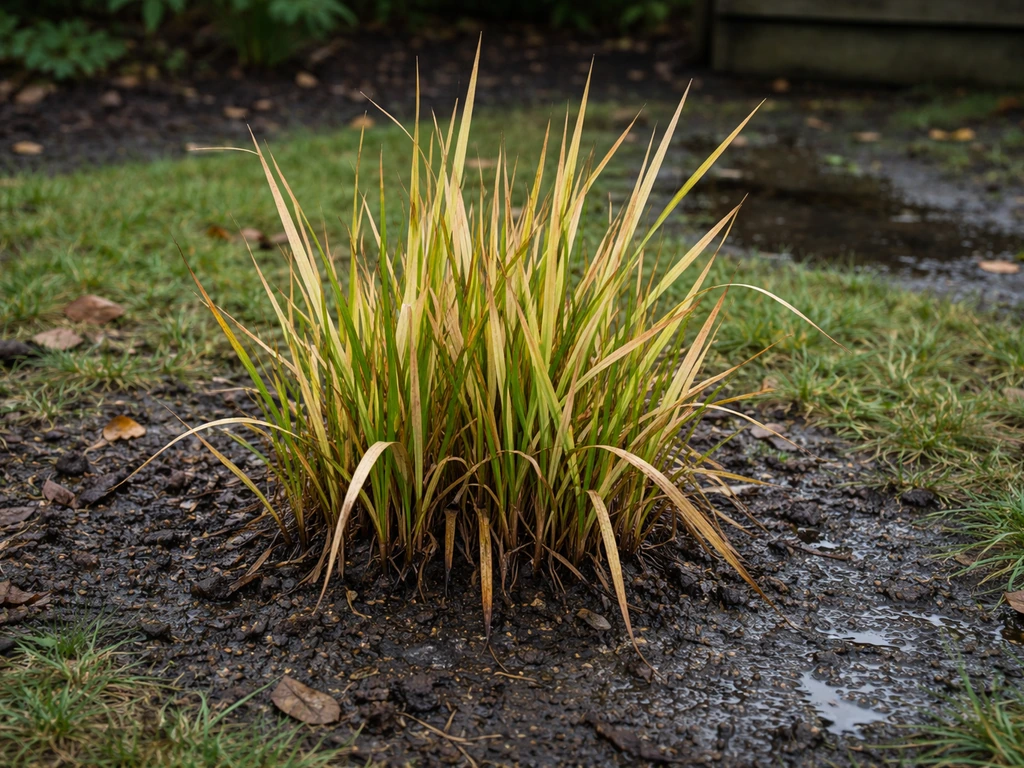 Vochtige Imperata graspol met gele en bleke sprieten en drassige aarde in de tuin.