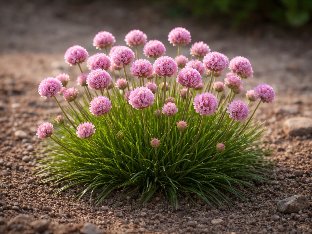 Compact polletje Engels gras Rosea met ronde roze bloemetjes in een eenvoudige, natuurlijke tuinsetting.