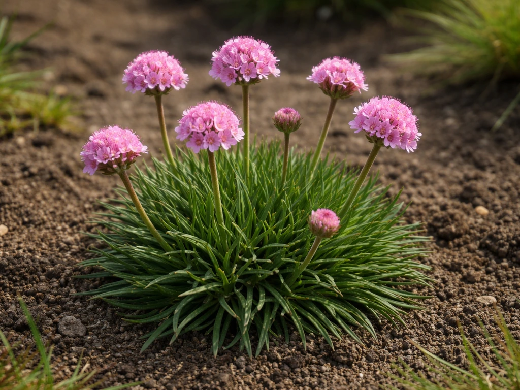 Close-up van Armeria maritima 'Rosea' met smalle grasachtige blaadjes en ronde roze bolbloemen.