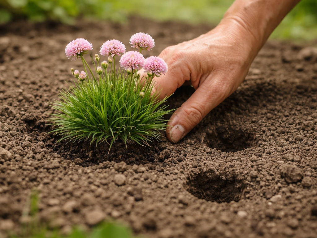 Hand die een pol Engels gras Rosea in losse aarde zet, met twee aan te houden plantplekken zichtbaar.
