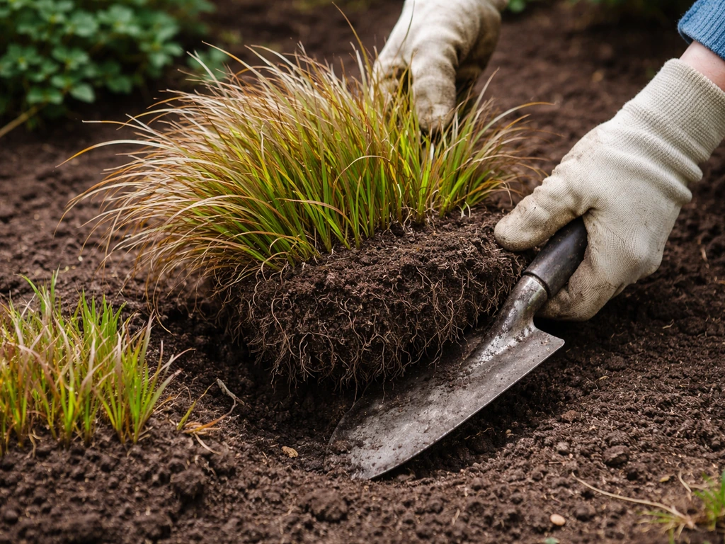 Tuinier schept een pol gras op en haalt delen uiteen met frisse scheuten in het vroege voorjaar