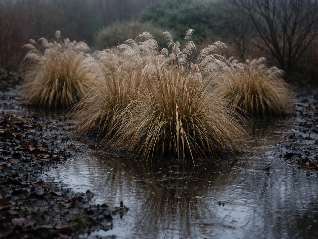 Natte wintertuin met polvormende siergrassen en stilstaand regenwater rondom de planten.