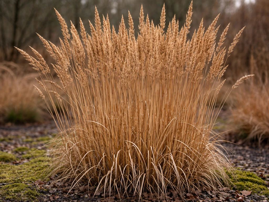 Close-up van rechtopstaande Calamagrostis 'Karl Foerster' met winterstructuur in een tuin.