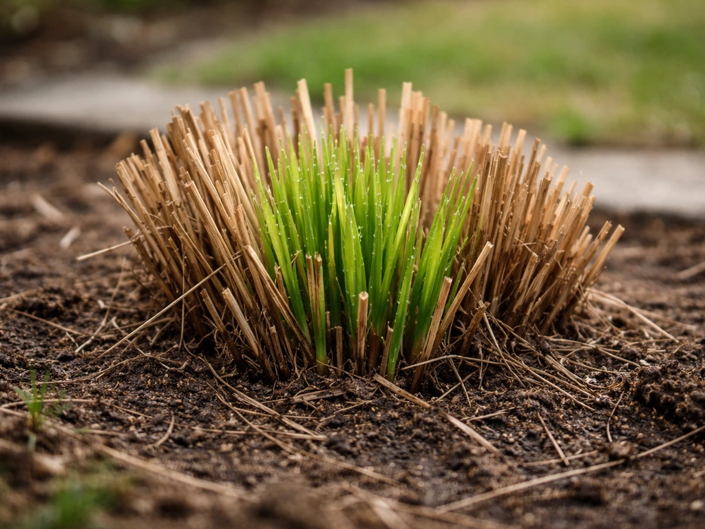 Vingergras (Panicum virgatum) in vroege lente met nieuwe groene scheuten uit de pol