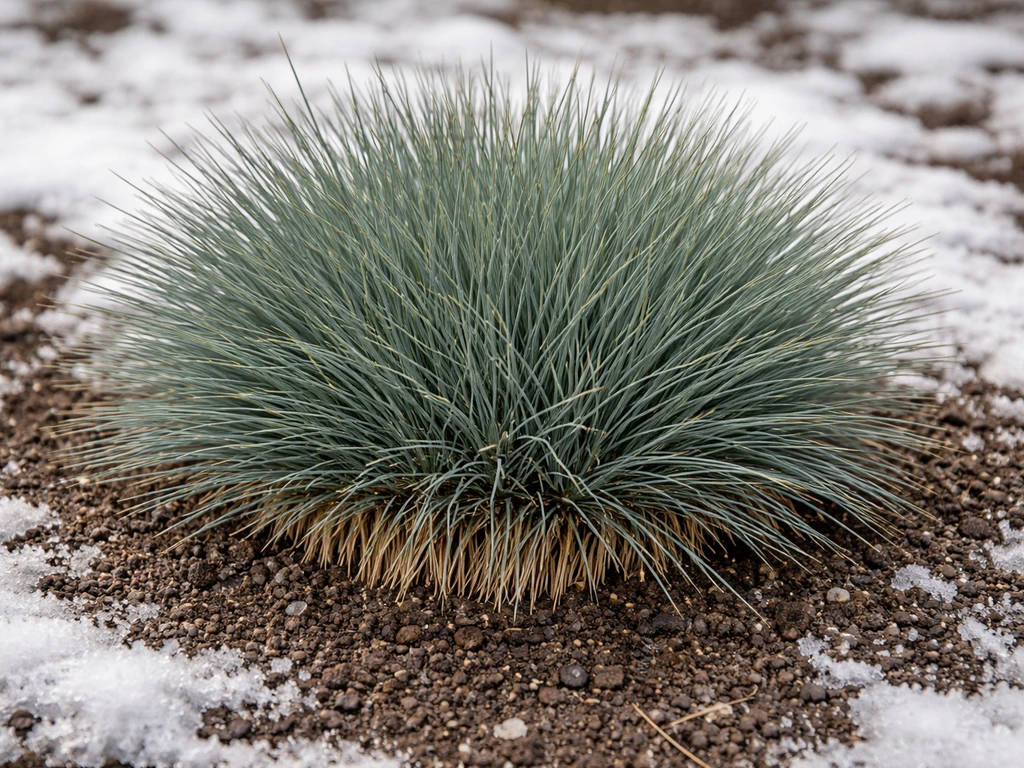 Blauw schapengras (Festuca glauca) in de winter, wintergroene pol met netjes opgeschoonde structuur.