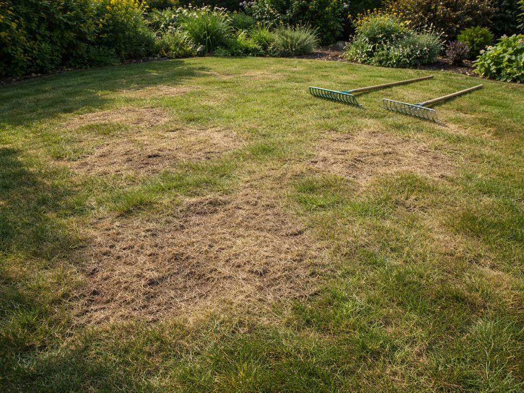 Gazon met kale bruine plekken en opbollende viltlaag, naast een verticuteerhark in een Nederlandse tuin.
