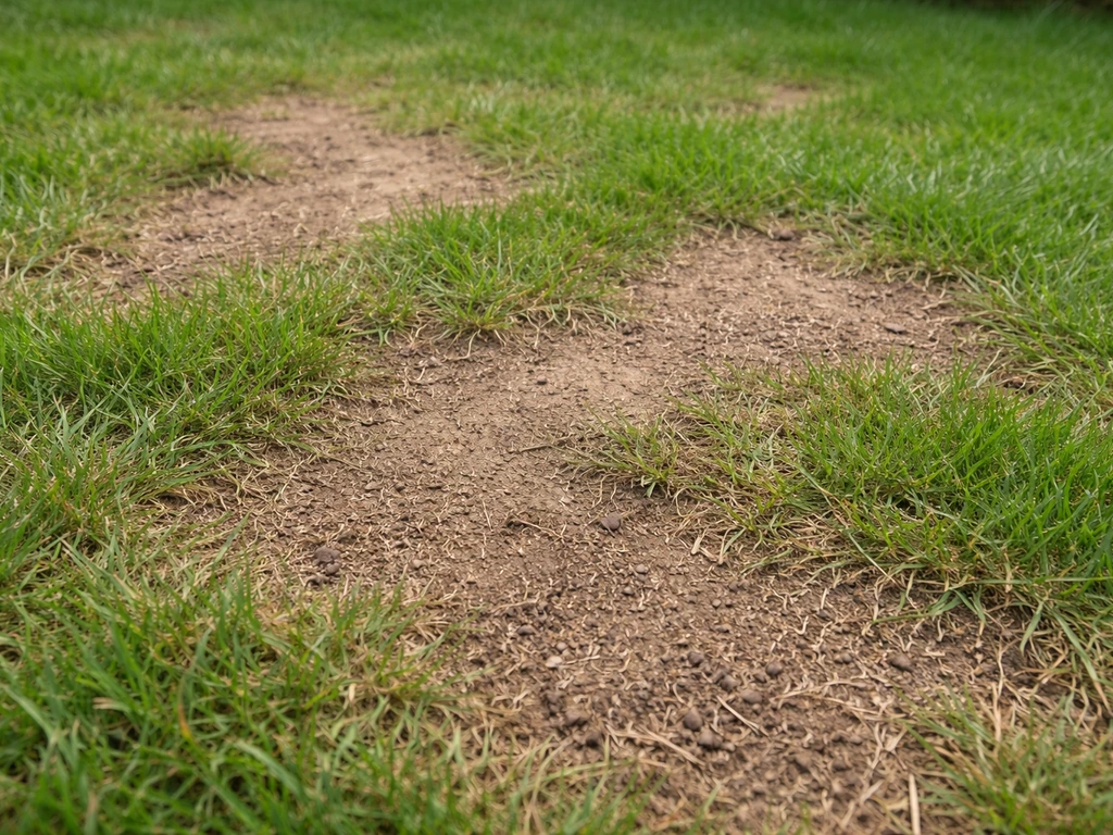 Close-up van een gazonplek met kale en bruine vlekken die uitbreiden, zichtbaar tussen het gras.