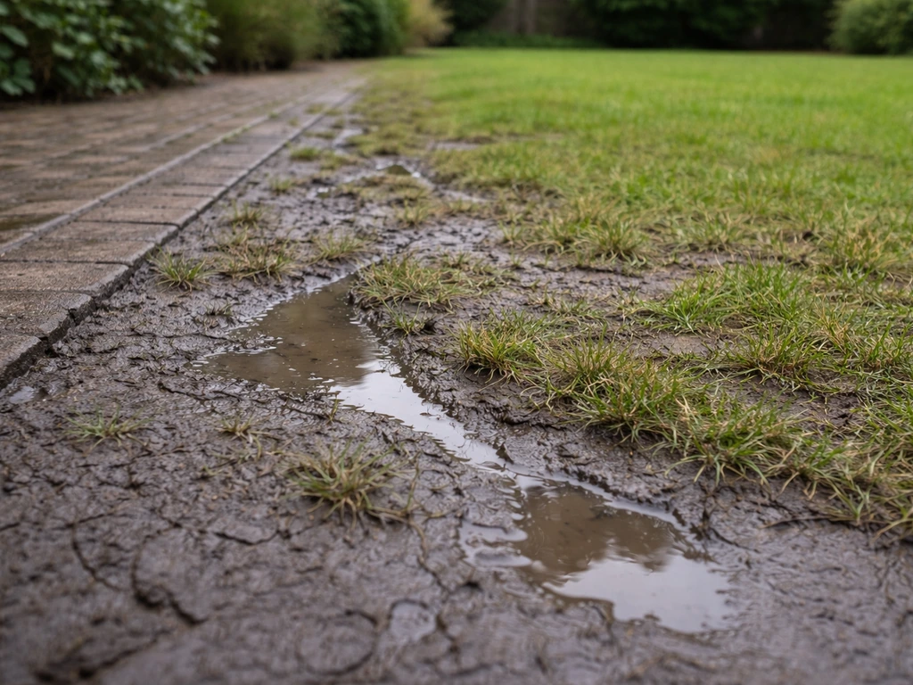 Natte, verdichte kleibodem in een tuin met water dat slecht wegzakt en sporen in het gazon.
