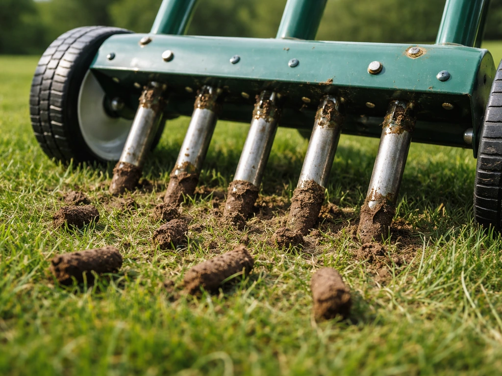Detail van een gazonbeluchter die kernen uit de grasbodem trekt, met zichtbare grond en luchtiger gazon.