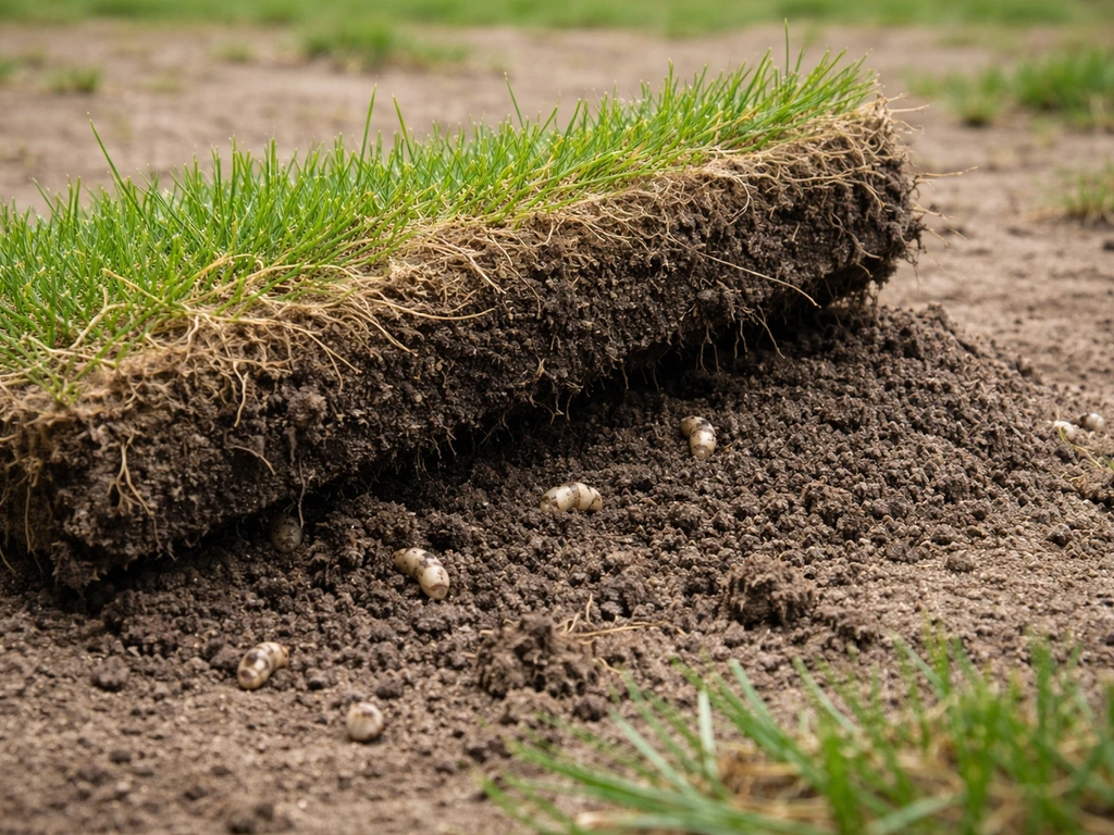 Opgetilde graszode met zichtbare wortelzone en enkele larven in de bodem in een tuin
