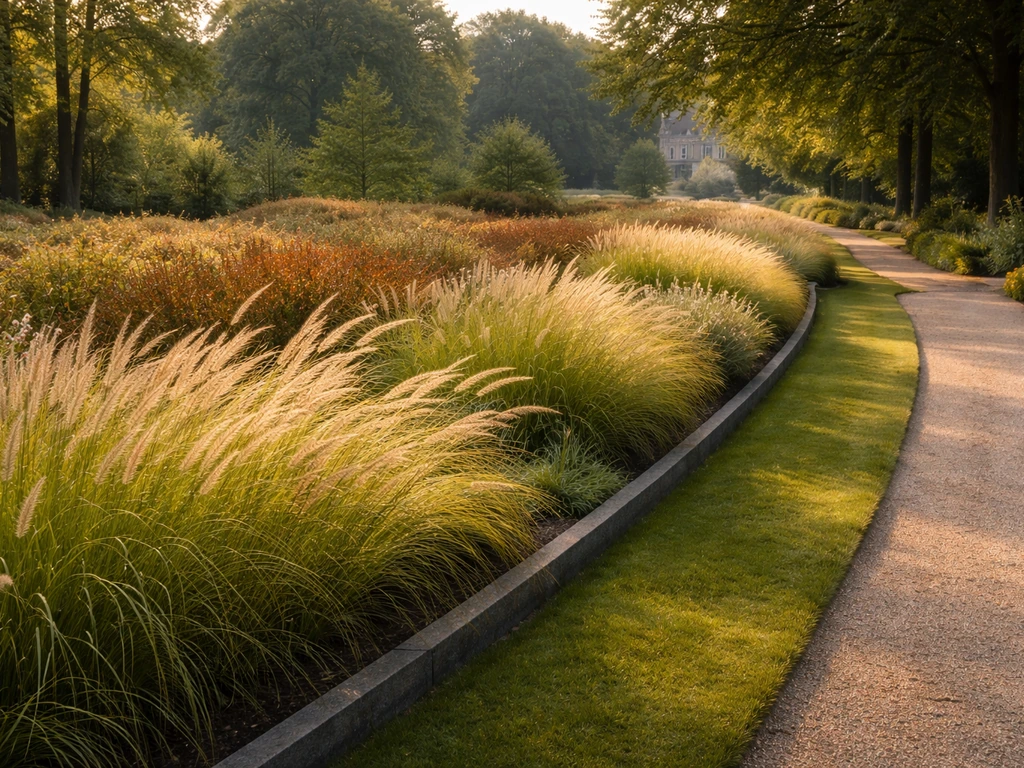 Weelderige grasborders en siergrassen in een landgoedtuin, met seizoenskleuren en natuurlijk ochtendlicht.