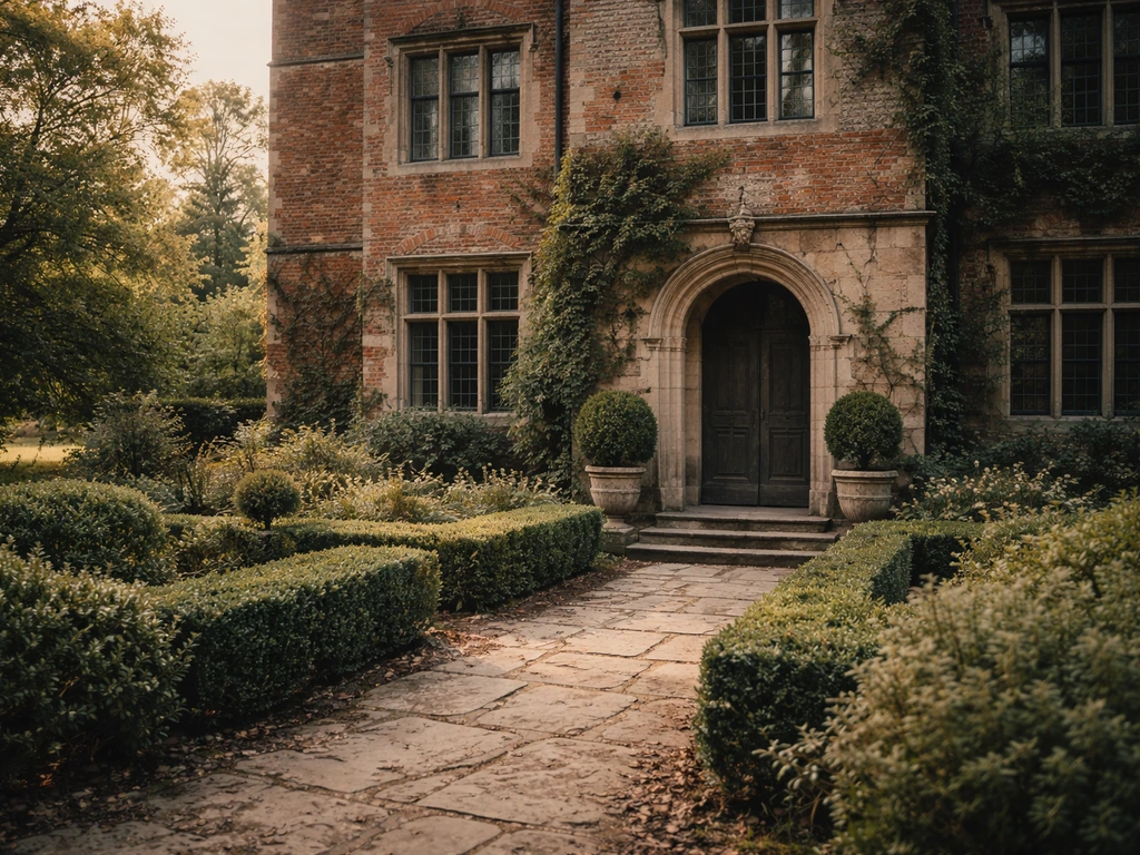 Landhuis met verweerde bakstenen gevel en omliggende tuin, die historische landgoed-context suggereert
