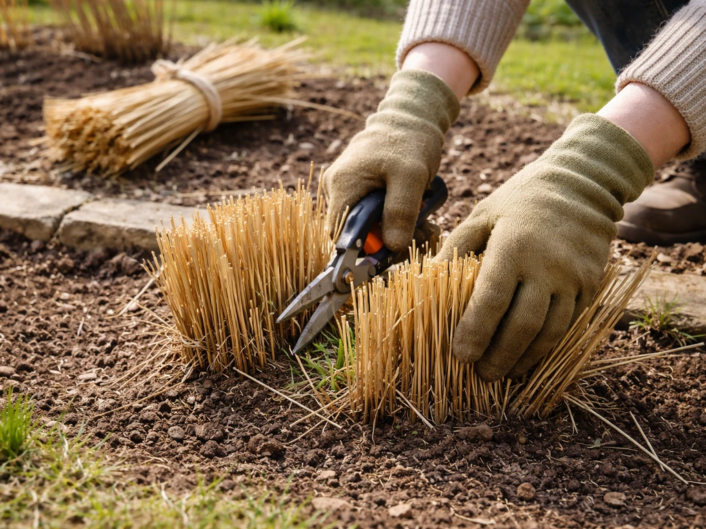 Handen knippen bladverliezende siergrassen terug tot circa 15–20 cm in de vroege lente-tuin.