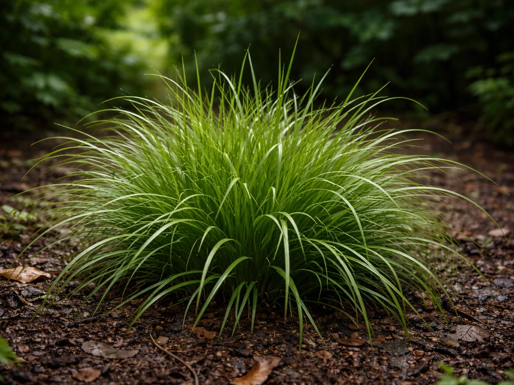 Dichte pol luzula gras met gras- en biesachtige bladeren in een schaduwrijke tuin, onder loofbomen.
