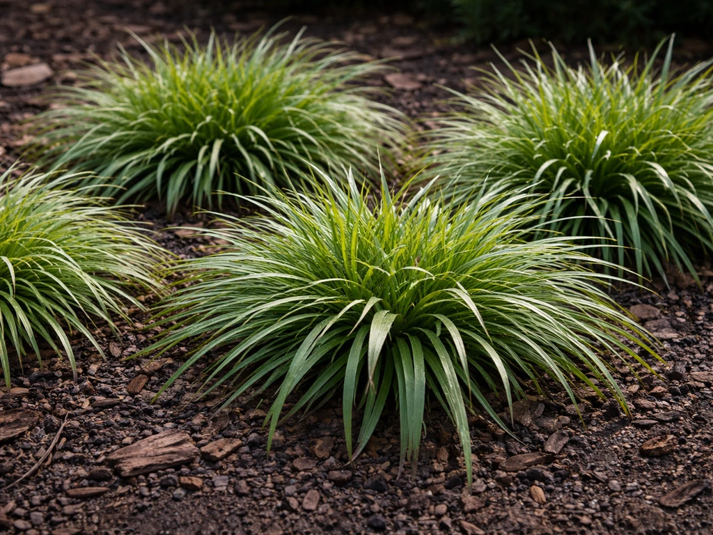 Meerdere Luzula-planten in een tuinperk met verschillend blad en dichte pollen