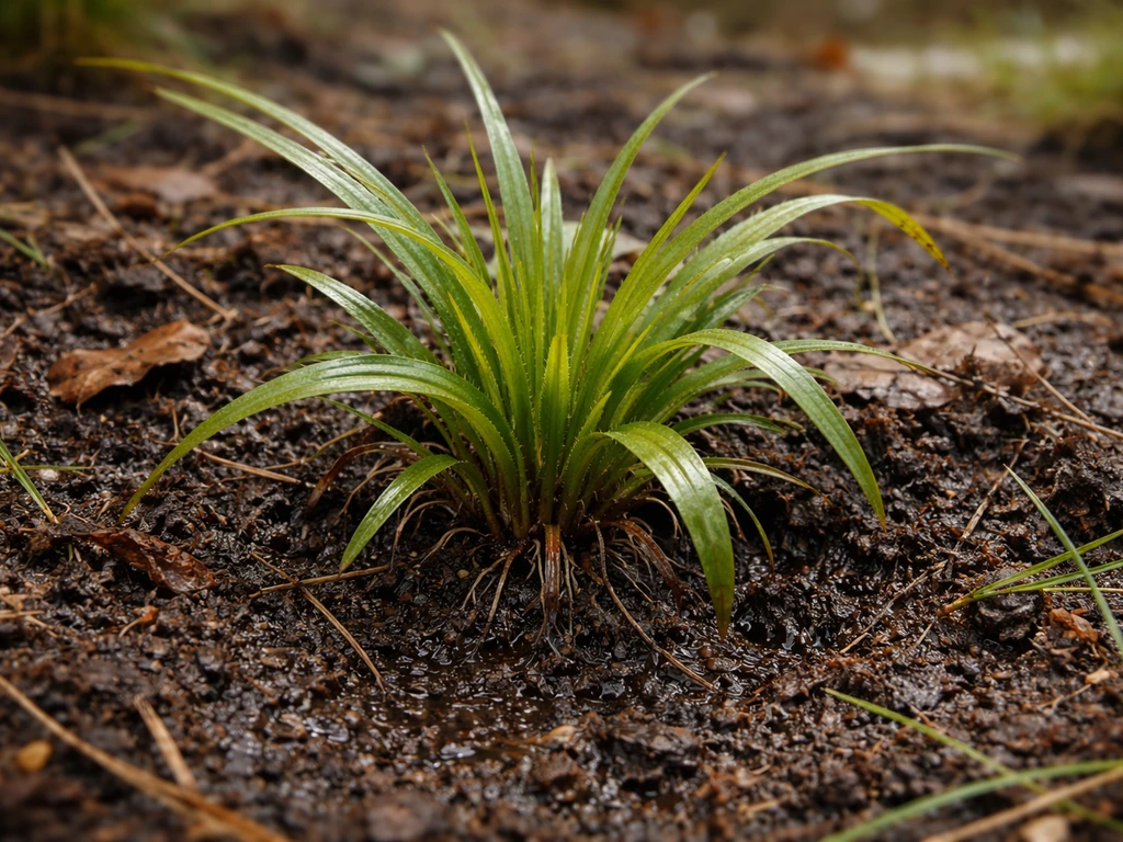 Close-up van vochtige, humusrijke bosgrond met zichtbare wortelzone van luzula-plantje