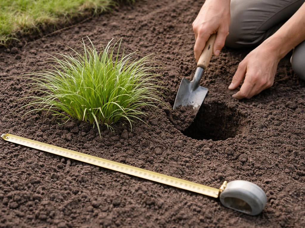 Handen meten plantafstand en een plantgat graven bij een net aangeplante Luzula-pol in de tuin.