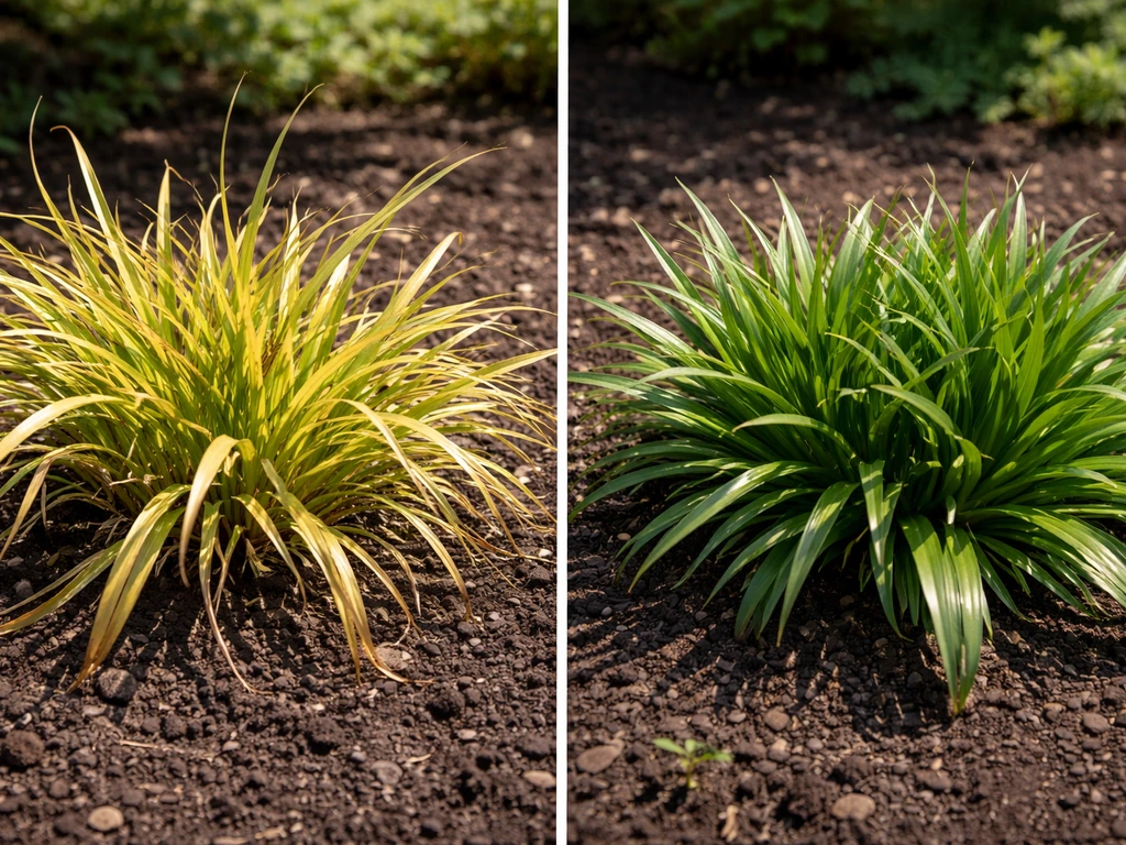 Links vergelende Luzula-bladeren door zon/uitdroging, rechts een gezonde groene pol naast elkaar.