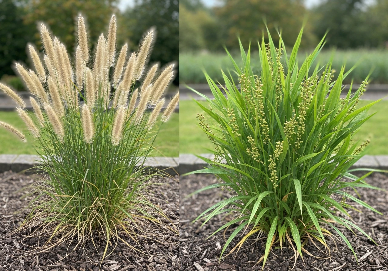 Twee soorten “lampion gras” naast elkaar: Pennisetum met bolvormige aren en Coix met lampion-achtige vruchten.