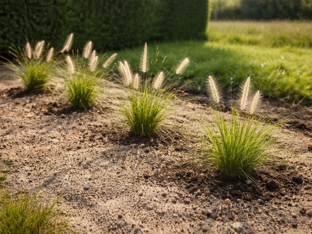Zonnige tuinborder met Pennisetum ’Hameln’ op een licht hellende, goed doorlatende bodem in Nederland.