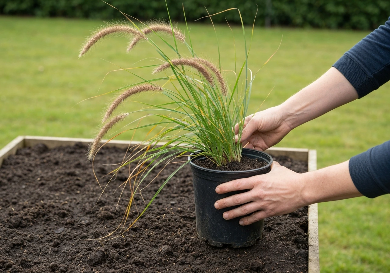Hand zet een pol Pennisetum Hameln met kluit uit pot in een plantgat in de volle grond.