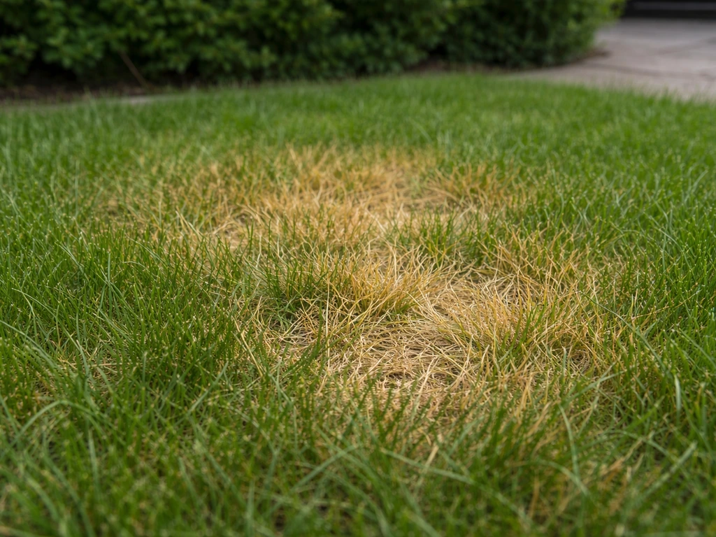 Close-up van geel verkleurend gazon met vergeelde en bruine grassprieten in een Nederlandse tuin.