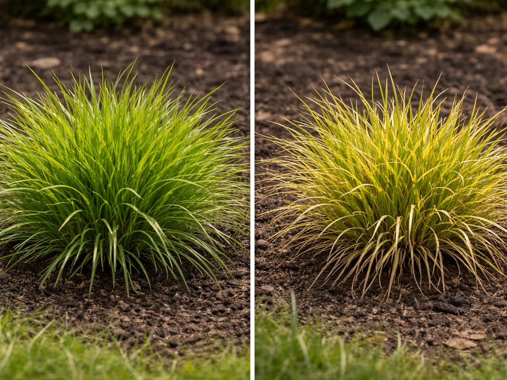 Close-up van een graspol in de tuin: deels groen, deels gelig/bruin, als voorbeeld van ‘anders gras’.