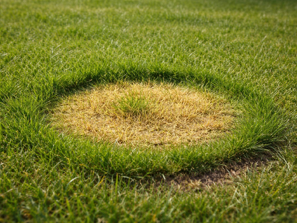 Ronde gele grasplek met opvallend groenere rand, close-up die urineschade door kattenurine suggereert.