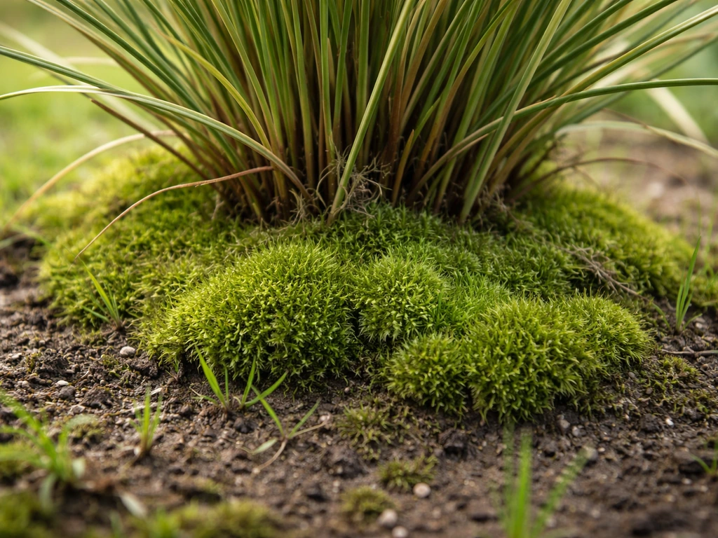 Groen harig mos groeit tussen de pollen en aan de basis van siergras, op vochtige grond.