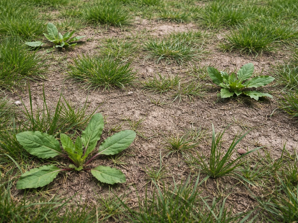 Close-up van basgras met kale plekken waar onkruid (zuring-achtige bladeren) tussendoor opkomt