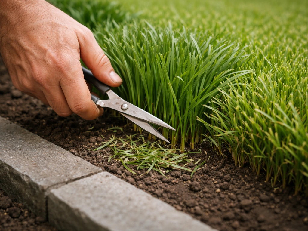 Tuinier knipt wintergroen basgras laag met schaar, met zichtbare nette rand en verzorgde pol