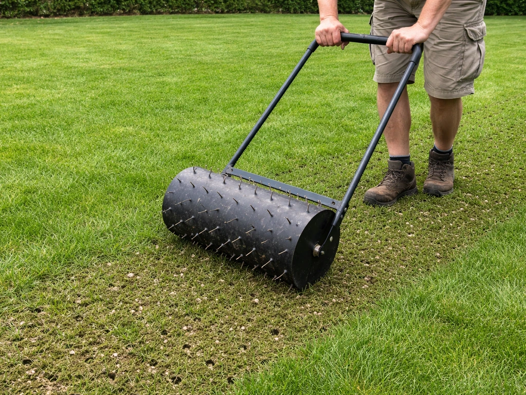 Tuinman belucht het gazon met een prikrol; zichtbare gaten in het gras voor zuurstof en water.