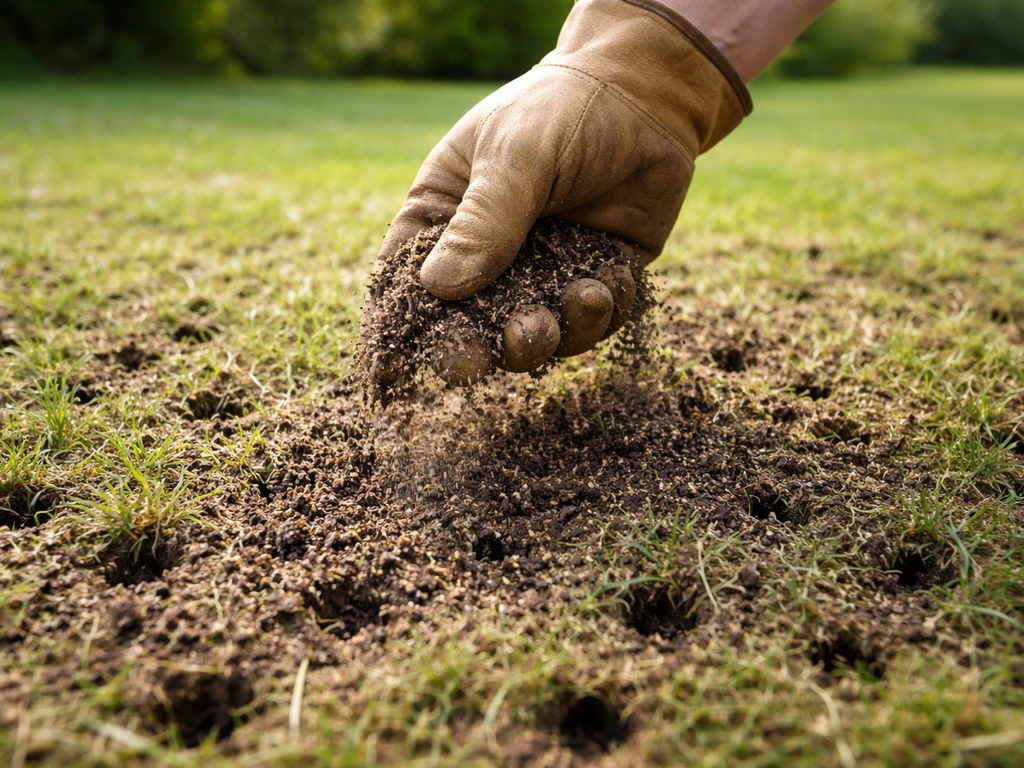 Hand die compost en zand als topdressing in het gazon werkt na verticuteren, met open bodemgaatjes