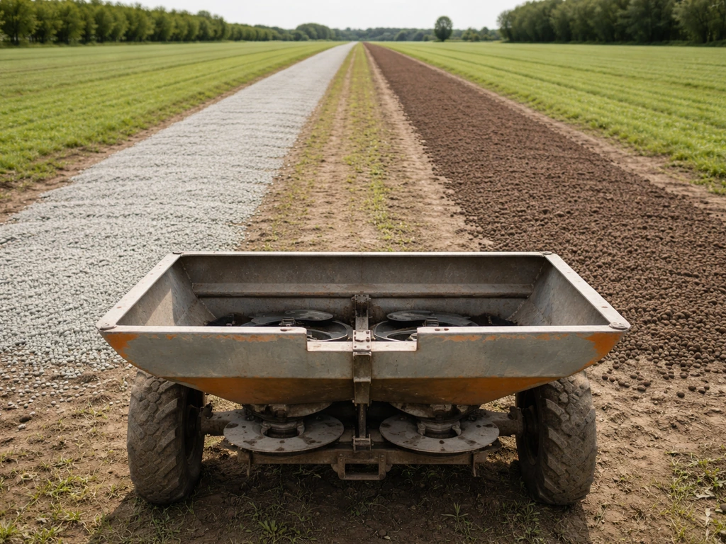 Landbouwveld met strooier en twee randen korrels: kalk eerder en mest later, met lege tussenstrook.