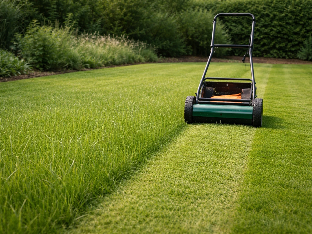 Een gazonmaaier die net een strook gras maait in een rustige Nederlandse tuin, vóór pluimvorming.