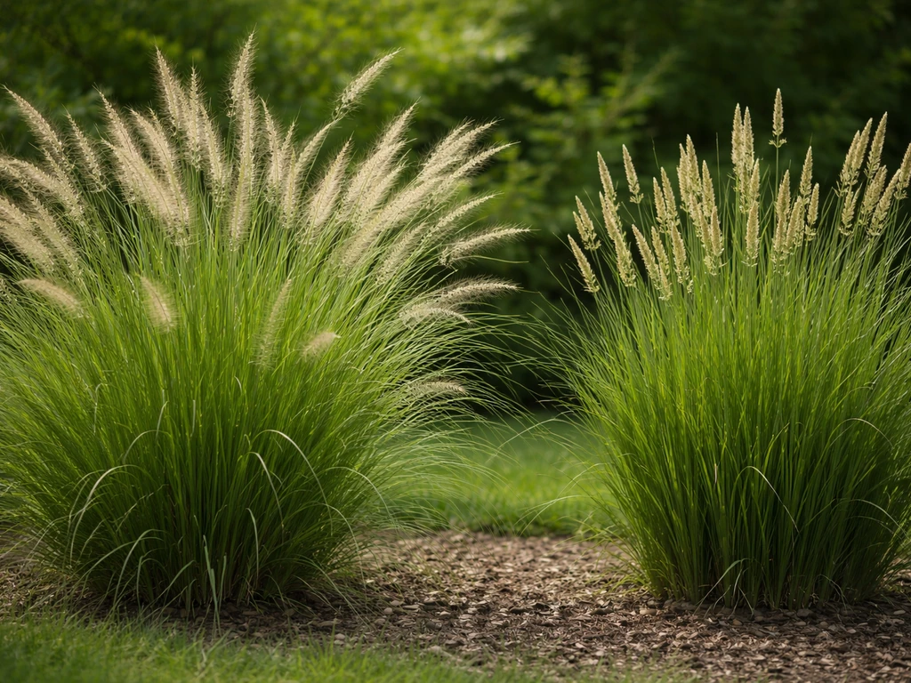 Twee siergrassen in een tuin: eentje met slanke pluimen, eentje met minder opvallende aren, minimalistische sfeer.