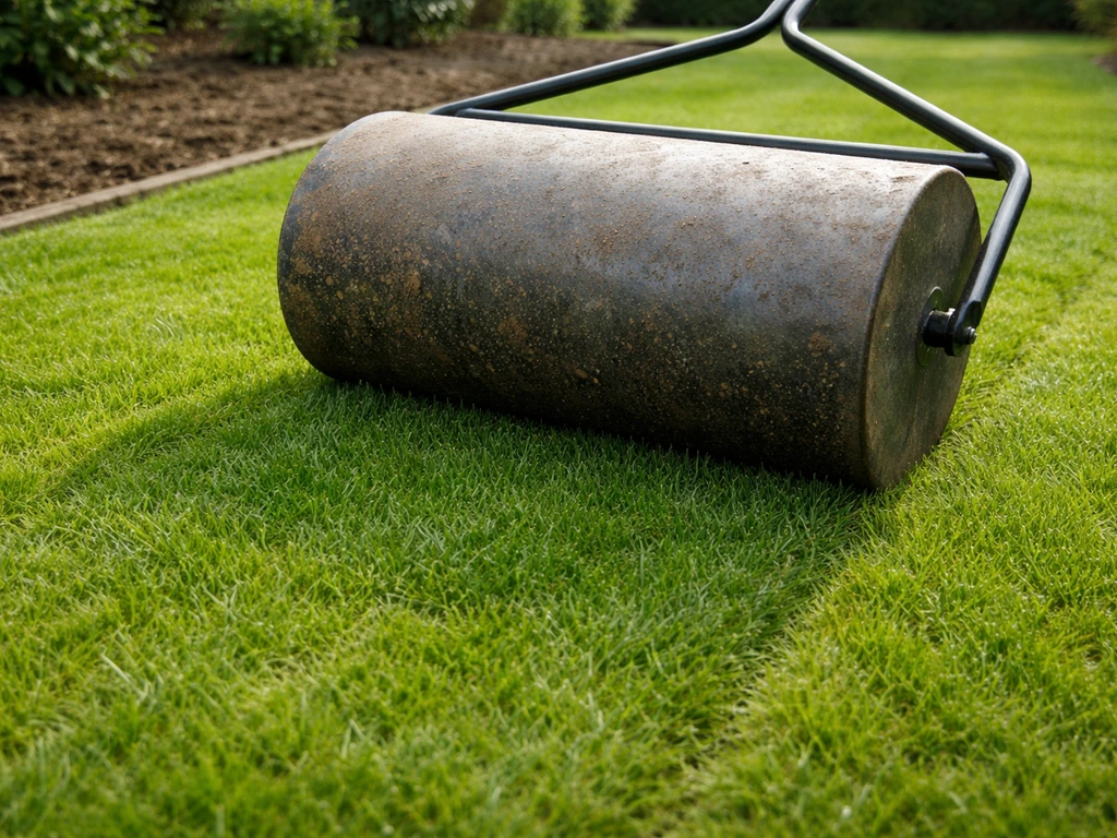 Cilindervormige graswals rolt over een gazon en drukt de graszoden licht aan.