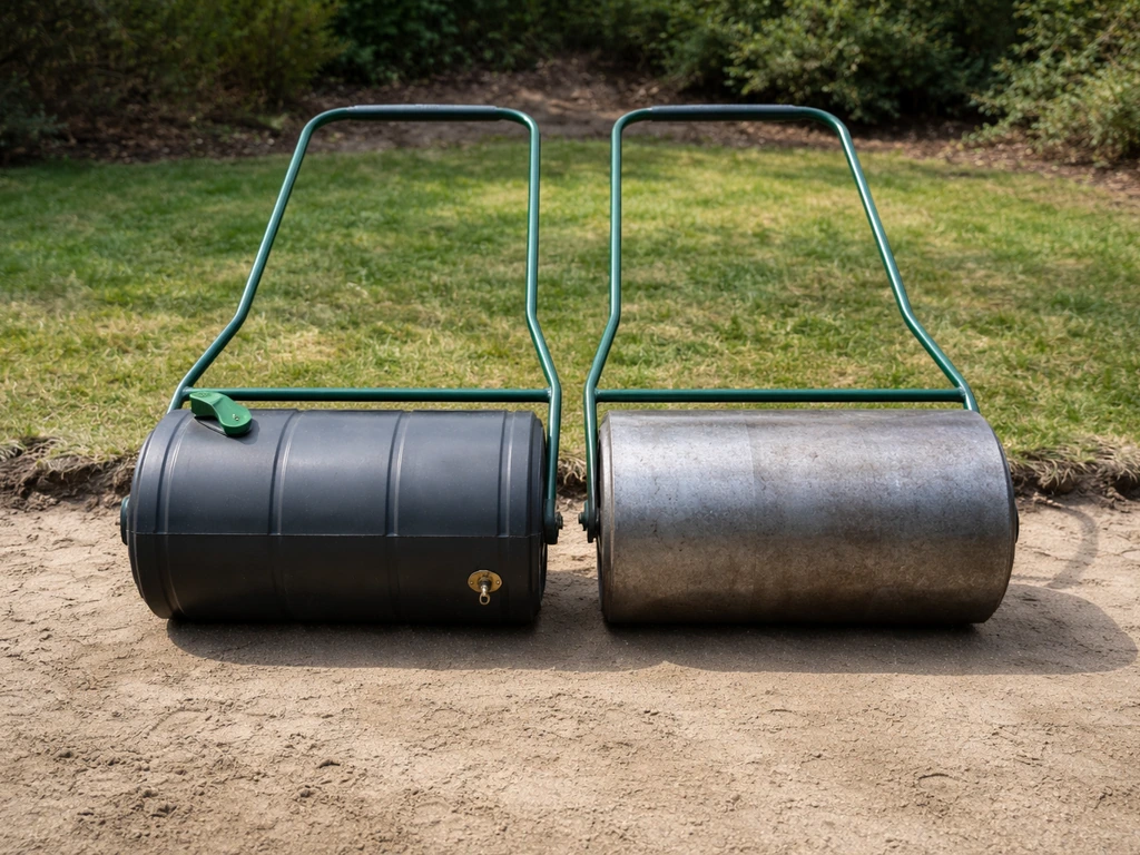 Meerdere tuinwalsen naast elkaar op een tuinpad, met focus op werkbreedte en watergewicht-instelling