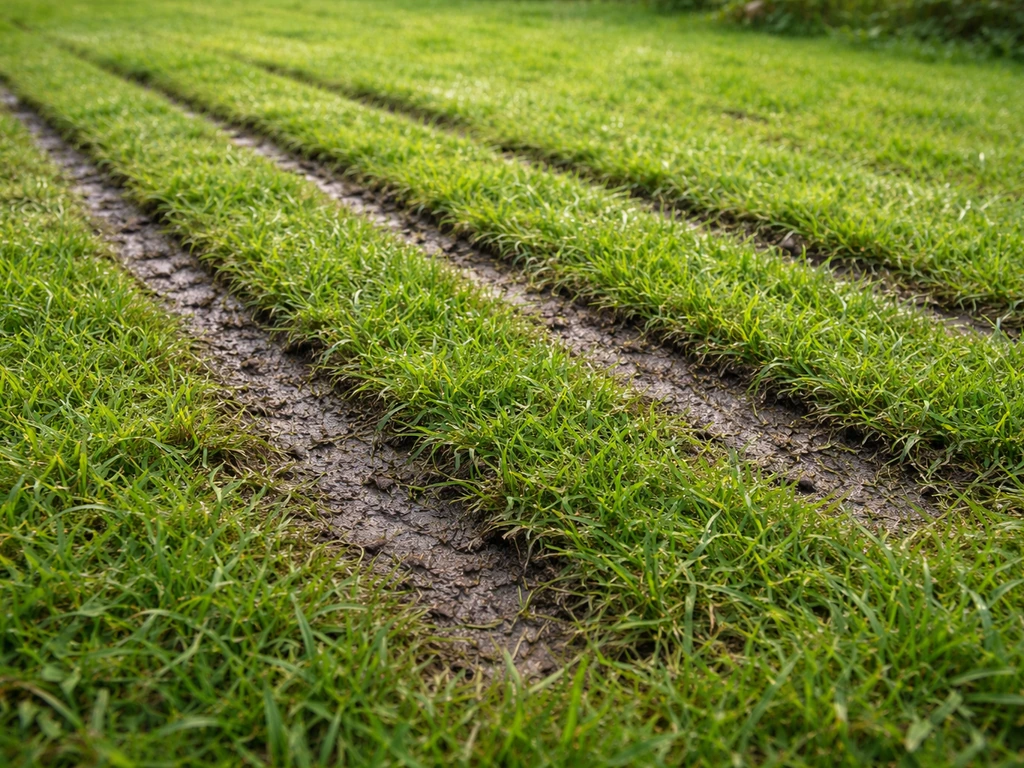 Close-up van zichtbare indrukken in gras na het walsen, veroorzaakt door te natte bodem.