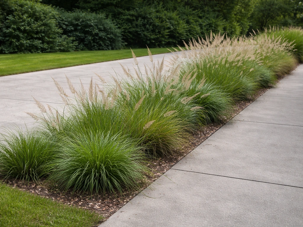 Siergrassen in een strakke beplantingrand langs een opritverharding, met variatie in pollen en aren.