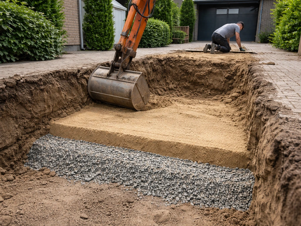 Graafwerk en zichtbare funderingslagen voor een grasoprit: grind-/drainagelaag en scherp zand.