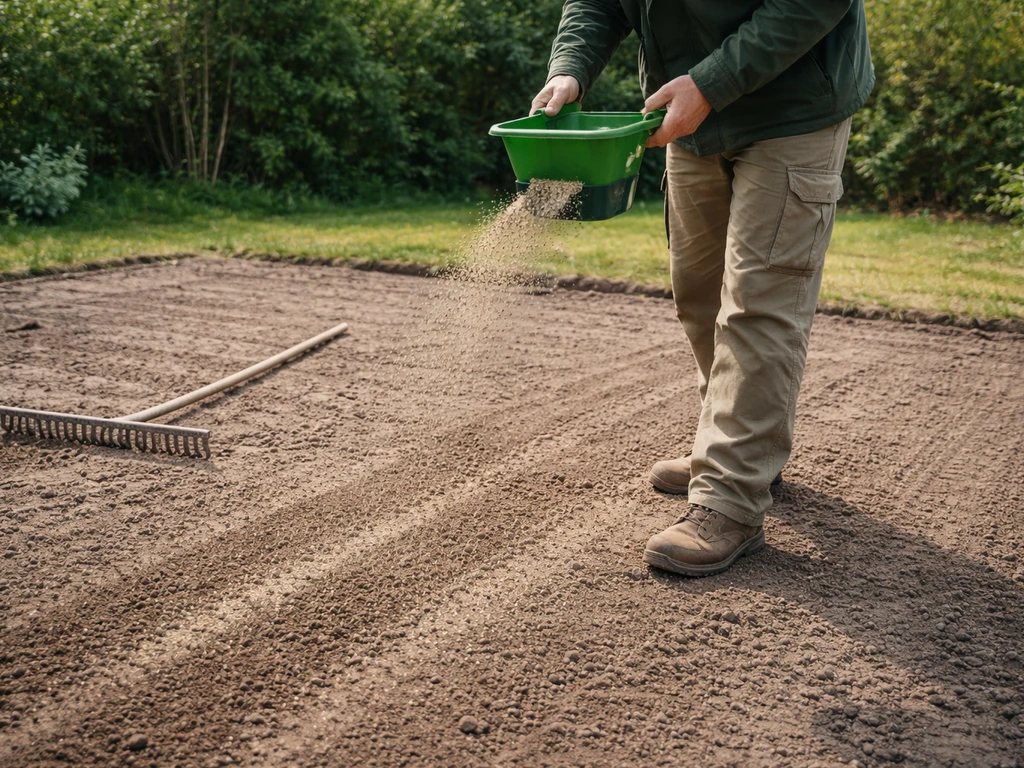Handen die graszaad uitstrooien op een vlakke, net geharkte ondergrond voor een nieuwe grasmat