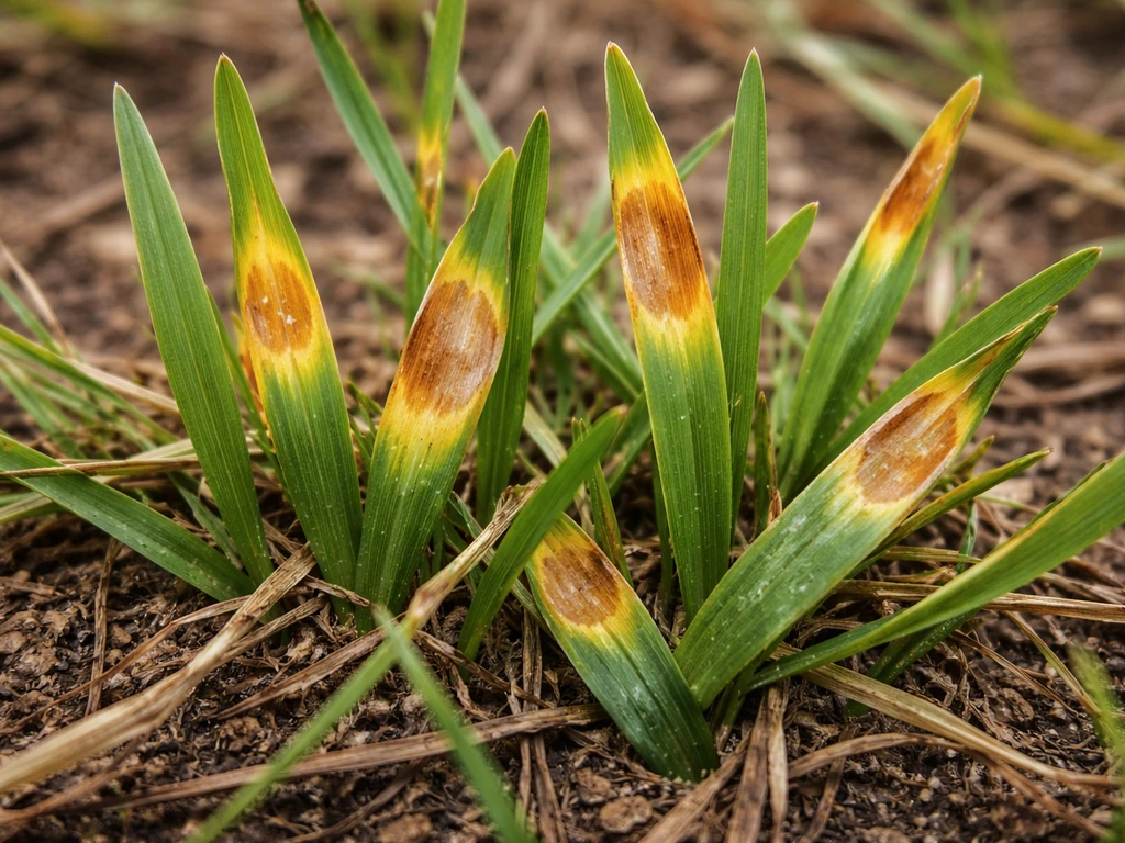 Close-up van gras met scherp afgebakende gele en bruine schadeplekken en een subtiele rand rond verkleuring.