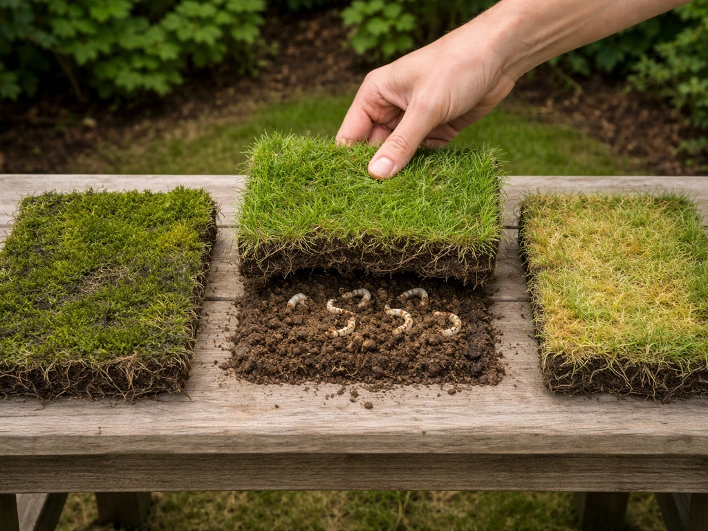 Close-up van drie gras-/tuinmonsters: mosvlekken, engerlingen en gras met geelgroene schadeachtige verkleuring.