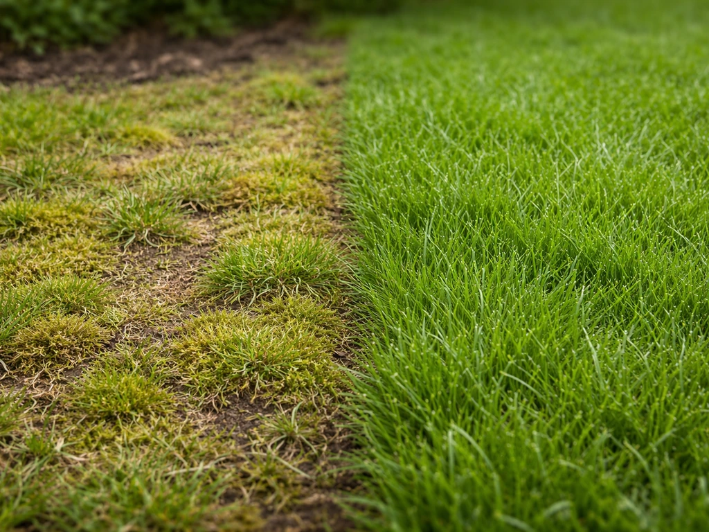 Close-up van graszode met mosplekken en kale plekken naast een controlegebied met dichter gras.